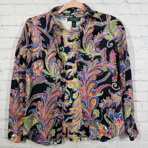 Ralph Lauren Button Shirt Women XS Multicolor Paisley Career 2 PC Knit Top - Picture 1 of 16
